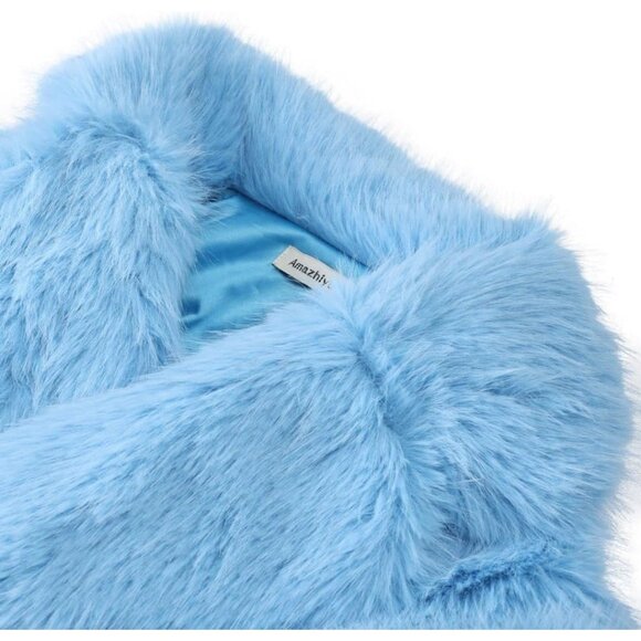 Women's Faux Fur Crop Lapel Jackets Open Front Long Sleeves Coat Pockets Blue - Picture 5 of 5